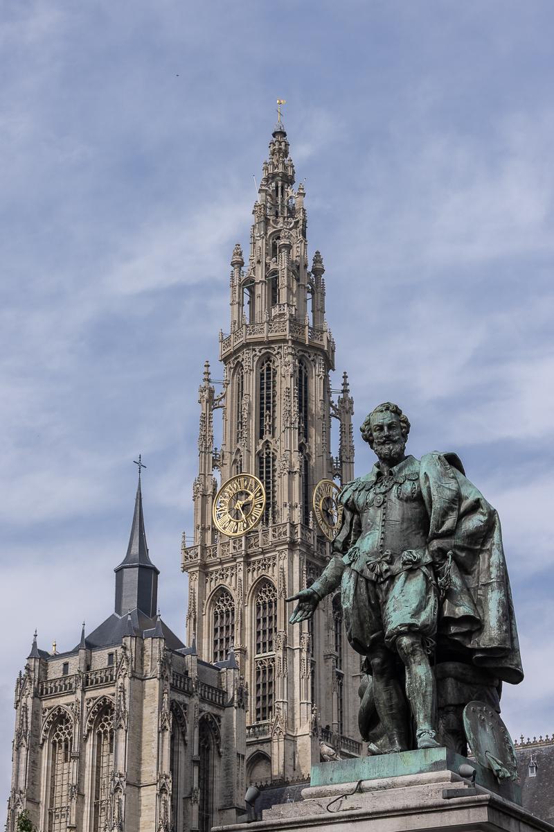 Cathedral and Rubens statue in Antwerp